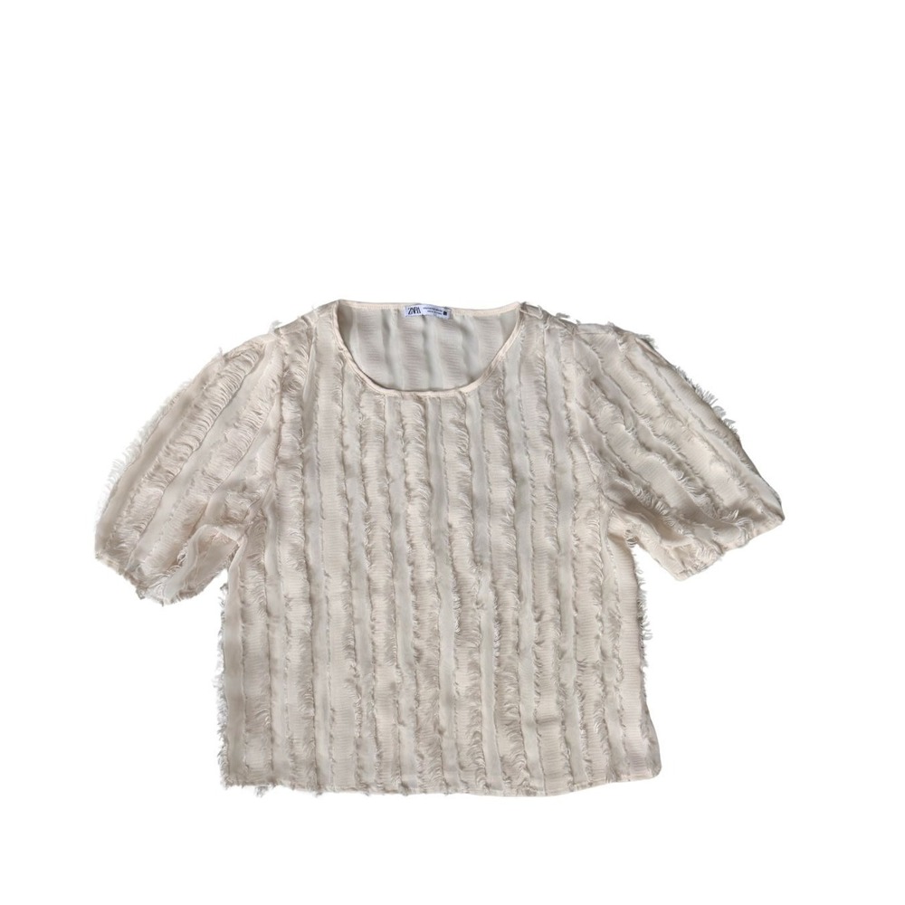 Zara Women Cream Textured Fringe Puff Sleeve Blouse Round Neck Off White Medium